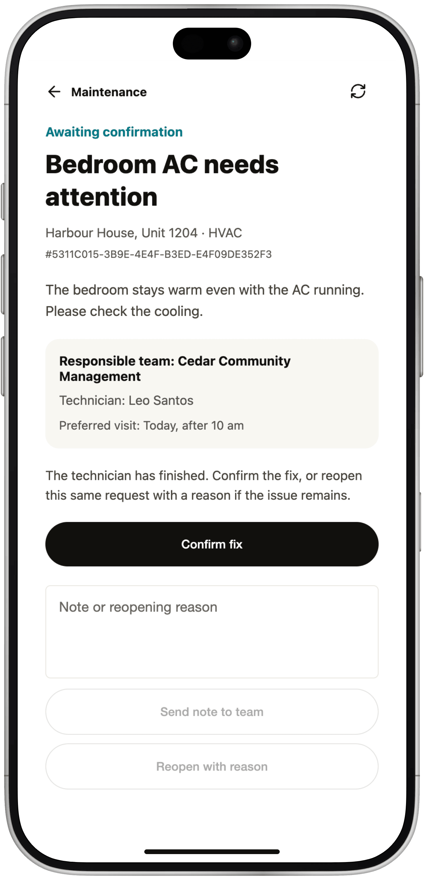 A resident's maintenance request awaiting confirmation: the responsible team and technician, a note that the technician has finished, a Confirm fix button and the option to reopen with a reason.