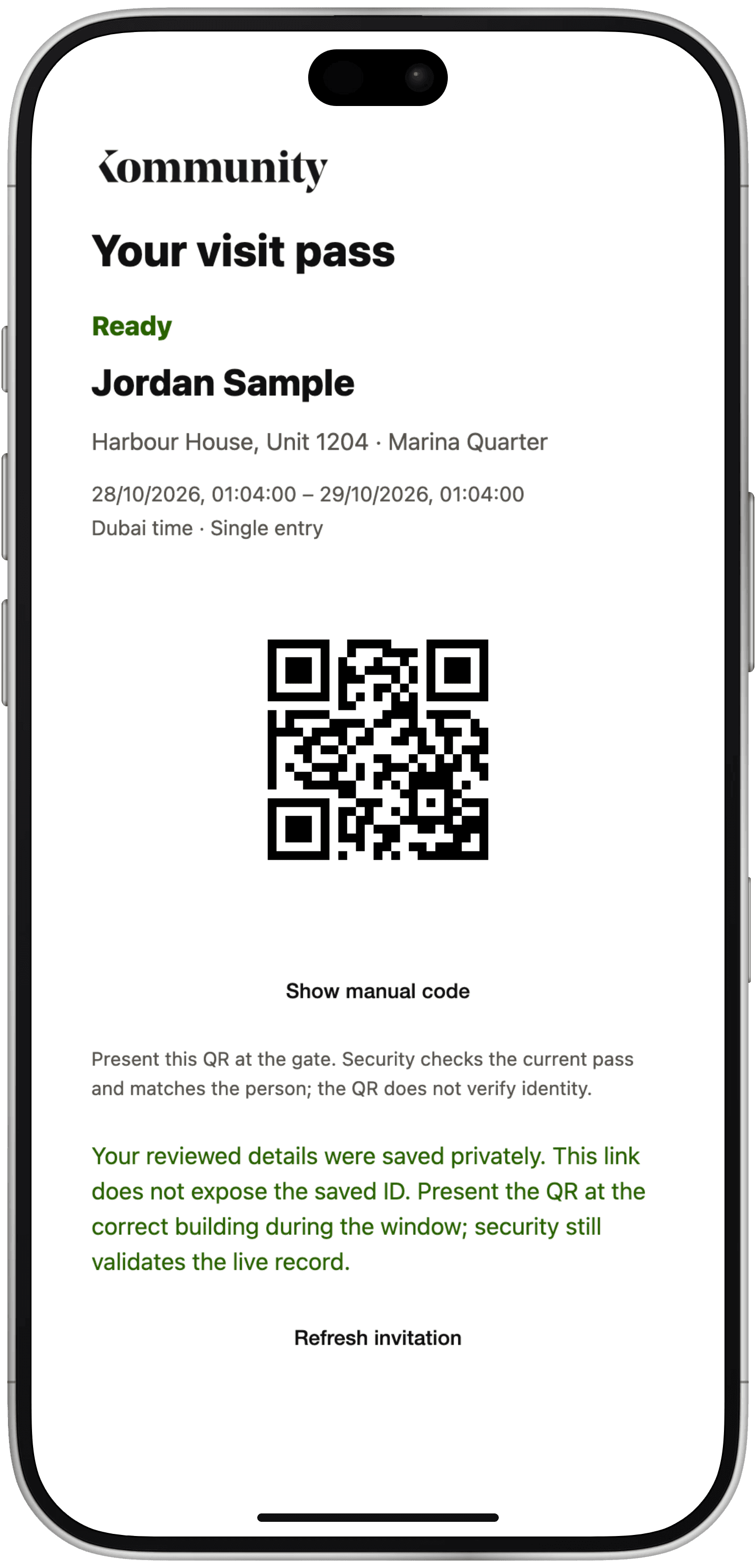 A guest's visit pass, marked Ready, for Harbour House, Unit 1204, with a single-entry visit window in Dubai time and a QR code to present at the gate.